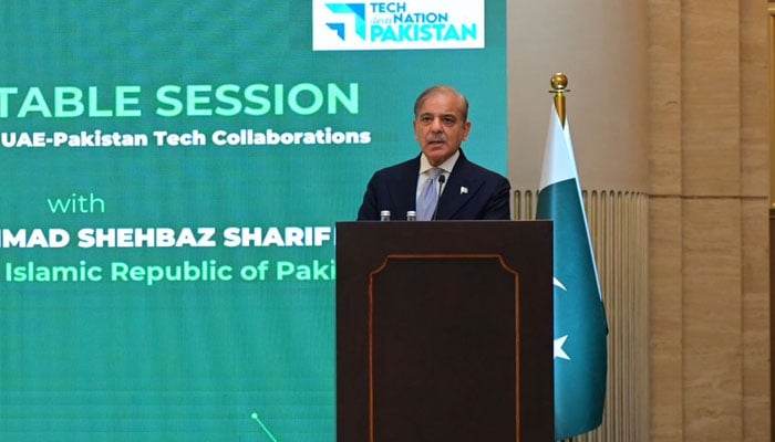 Prime Minister Shehbaz Sharif addresses an event in UAE, on May 23, 2024. — APP