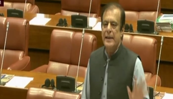 Leader of Opposition in Senate Shibli Faraz is addressing the Senate session on May 24, 2024. —Screengrab/YouTube/Senate of Pakistan