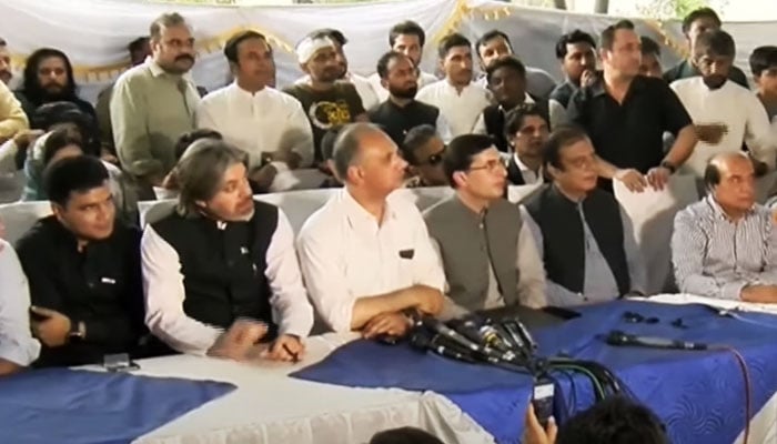 PTI  senior leaders, including Ali Muhammad Khan,Omar Ayub Khan, Barrister Gohar Ali Khan and Shibli Faraz, address a joint press conference on May 24, 2024, in this still taken from a video. — YouTube/Geo News