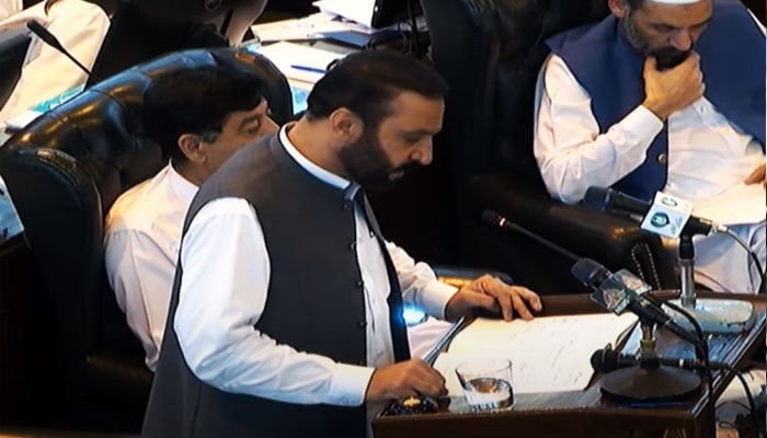 Khyber Pakhtunkhwa Finance Minister Aftab Alam presents budget for the fiscal year 2024-24 in the provincial assembly on May 24, 2024, in this still taken from a video. — YouTube/Geo News