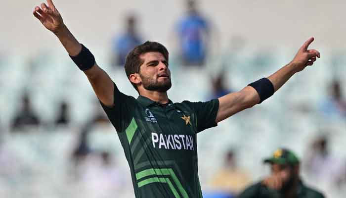 Shaheen Shah Afridi celebrates after taking the wicket of Bangladeshs Najmul Hossain Shanto (not pictured) during the 2023 ICC Mens Cricket World Cup ODI match between Pakistan and Bangladesh at the Eden Gardens in Kolkata on October 31, 2023. —AFP