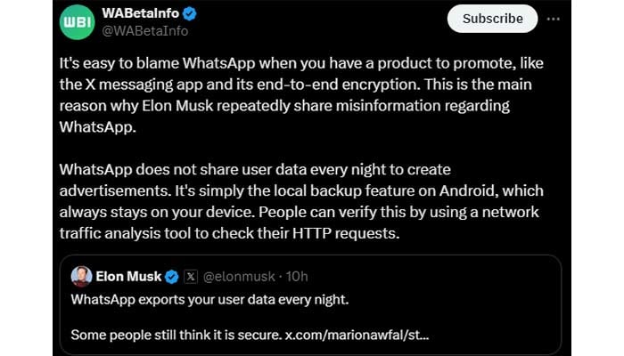 WABetaInfos response against Elon Musk on X. — Screengrab/X@WABetaInfo