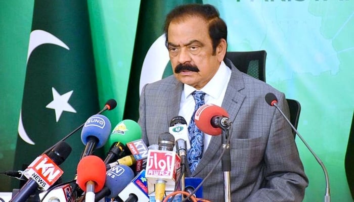 Adviser to Prime Minister on Political and Public Affairs Rana Sanaullah is addressing a press conference in Islamabad on March 1, 2023. —APP
