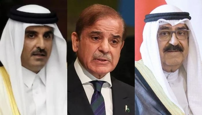 Emir of Qatar Sheikh Tamim ibn Hamad Al Thani (left), Prime Minister Shehbaz Sharif (centre) and Emir of Kuwait Mishal Al-Ahmad Al-Jaber Al-Sabah. — Reuters/File