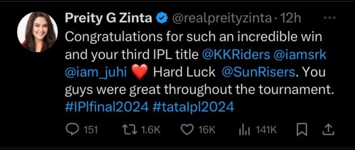 Shah Rukh Khan receives congratulatory wishes from Preity Zinta and more for KKR IPL 2024 win