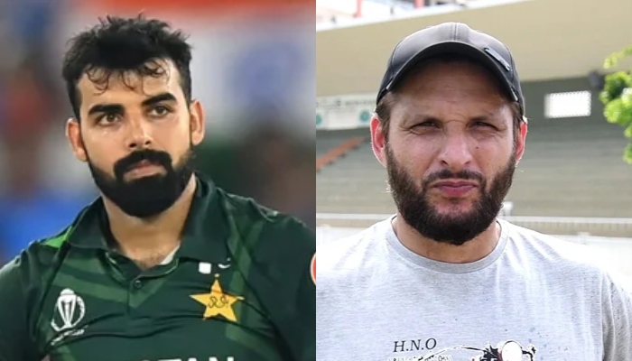 Pakistans spinner Shadab Khan (left) and former skipper Shahid Afridi. — ICC/PCB/File