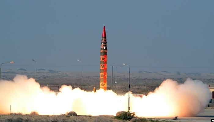 A file image of a surface-to-surface missile launch of Hatf IV Shaheen-1A nuclear-capable intermediate range ballistic missile by Pakistan. — ISPR/File