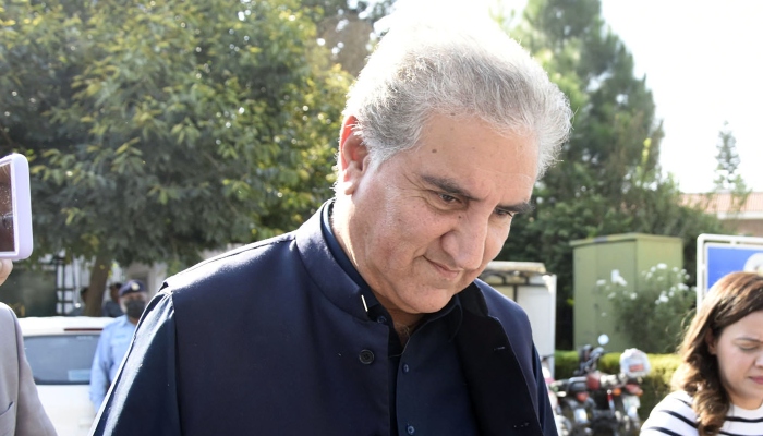 Leader of PTI Shah Mahmood Qureshi leaving Election Commission of Pakistan office after the decision against former prime minister Imran Khan in Toshakhana case, in Islamabad, on October 21, 2022. —Online
