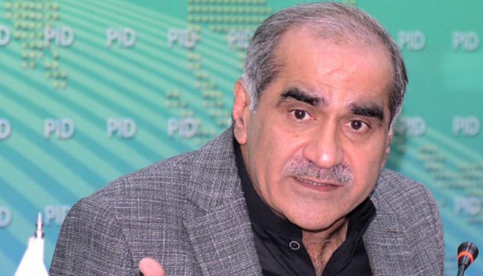 PML-N leader Khawaja Saad Rafique addressing a press conference in Islamabad on August 26, 2022. —INP