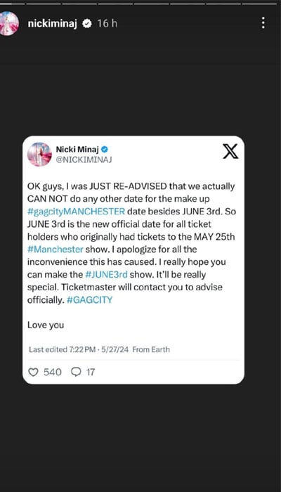 Nicki Minaj announces rescheduled Manchester shows after drug arrest