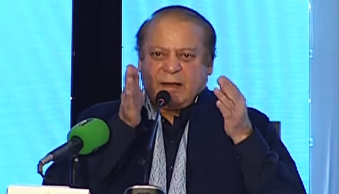 PML-N President Nawz Sharif addresses the partys General Council Meeting in Lahore on May 28, 2024, in this still taken from a video. — Geo News