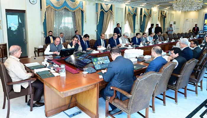 Prime Minister Shehbaz Sharif (left centre) chairs a meeting on load management and power theft in Islamabad, on May 28, 2024. — PID