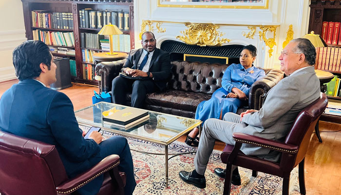 Ambassador Munir Akram (right) sits with his St Lucian counterpart Ambassador Menissa Rambally during their meeting in New York on May 28, 2024. — X/@PakistanUN_NY