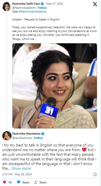 Rashmika Mandanna reveals why she avoids speaking English at movie events