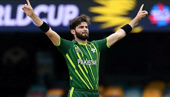 Pakistan pacer Shaheen Shah Afridi celebrates taking a wicket in a T20 World Cup match in this undated photo. — AFP
