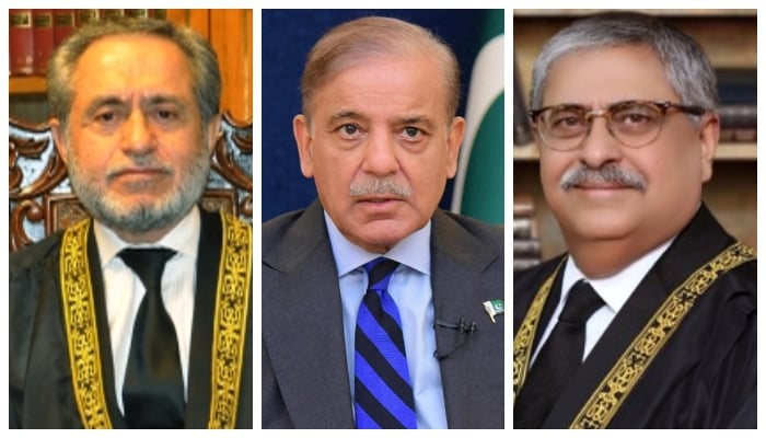 (From left to right) Justice Jamal Khan Mandokhail, Prime Minister Shehbaz Sharif and Justice Athar Minallah. — Supreme Court/Reuters