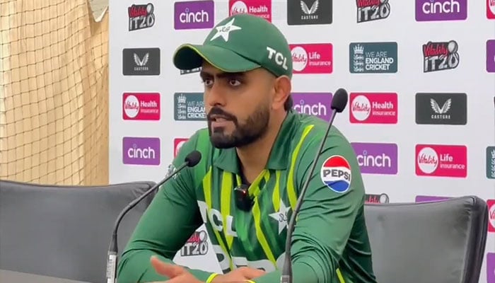 Pakistan skipper Babar Azam speaking during a post-match press conference in this screengrab. — X/@_FaridKhan