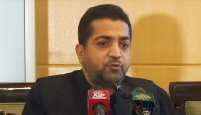 Balochistan Home Minister Zia Ullah Langau addressing a press conference on May 31, 2024, in this still taken from a video. — Geo News/YouTube