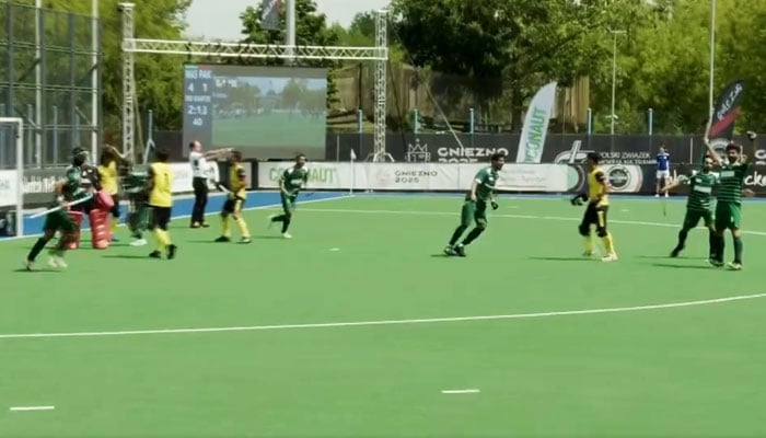 Pakistani players celebrating after scoring a goal against Malaysia in this still taken from a video on May 31, 2024. —X/@FIH_Hockey