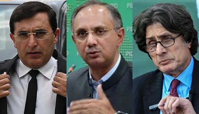 PTI Chairman Gohar Khan, Opposition Leader Omar Ayub Khan and partys Information Secretary Raoof Hassan. —AFP/File