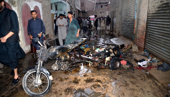 A view of burnt motorcycle after gas cylinder explosion in a shop at Paretabad area of Hyderabad on May 30, 2024. —INP