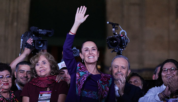 Presidential candidate of the ruling Morena party Claudia Sheinbaum, gestures to her supporters after winning the presidential election, at Zocalo Square in Mexico City, Mexico on June 3, 2024. — Reuters