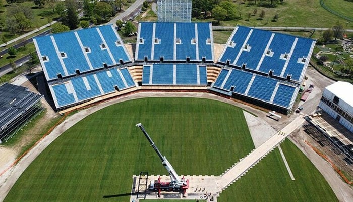 An aerial photo taken on May 1, 2024 shows the Nassau County International Cricket Stadium under construction in Eisenhower Park in East Meadow, New York, which is set to host PAK vs India T20 World Cup 2024 match on June 9. — AFP