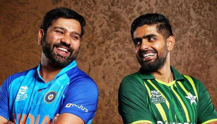 Indian captain Rohit Sharma (left) pictured alongside Pakistans skipper Babar Azam. — ICC/File