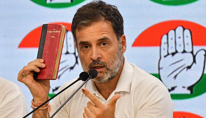 Indias Congress party leader Rahul Gandhi addresses a press conference at the party headquarters in New Delhi on June 4, 2024. — AFP