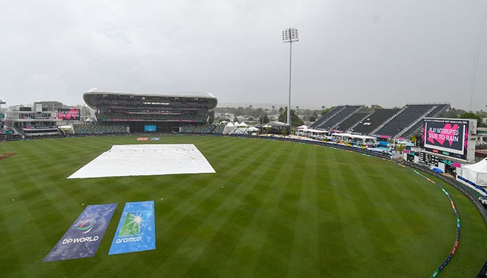 Rain interrupted play during the T20 CWC group B match, England vs Scotland at Kensington Oval, Bridgetown, Barbados, on June 4, 2024. — AFP