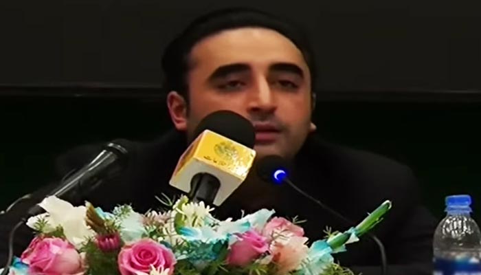 PPP Chairman Bilawal Bhutto-Zardari is addressing a party meeting in Karachi on June 5, 2024. — Screengrab/YouTube/GeoNews