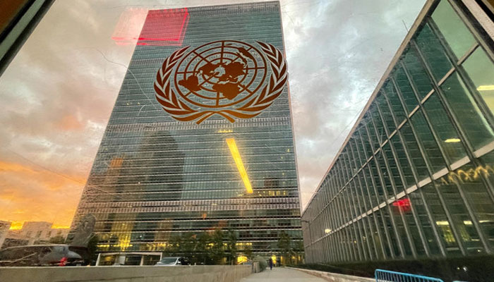 The United Nations headquarters building is seen from inside the General Assembly Hall in New York, US on September 21, 2021.