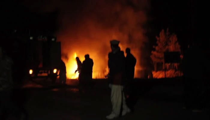 Representational image of a bus on fire near Uthal. — YouTube/Geo News