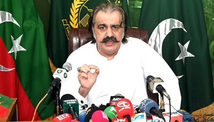 KP Chief Minister Ali Amin Gandapur addressing a press conference in DI Khan on May 10, 2024. – NNI