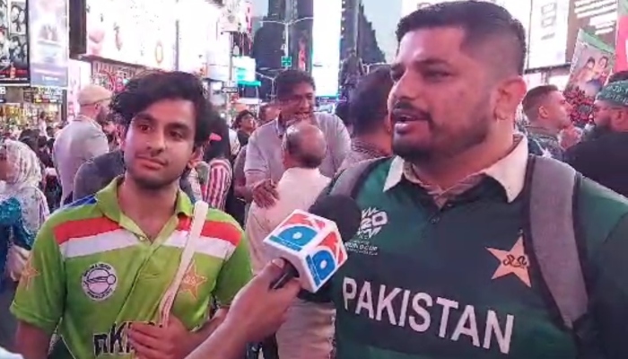 Pakistani supporters talking to Geo News reporter at Times Square in New York on June 8, 2024. —screengrab/reporter