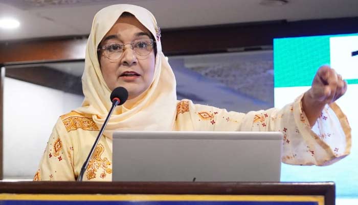 Dr Fowzia Siddiqui addresses an event in Peshawar on April 28, 2024. — X/@FowziaSiddiqui