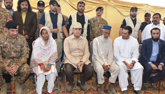 Prime Minister Muhammad Shehbaz Sharif meets parents of shaheed Captain Faraz Ilyas in Kasur on June 10, 2024. —PM Office