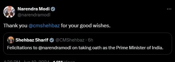 Screengrab of Indian PM Modis reponse to PM Shehbaz. — X/@CMShehbaz