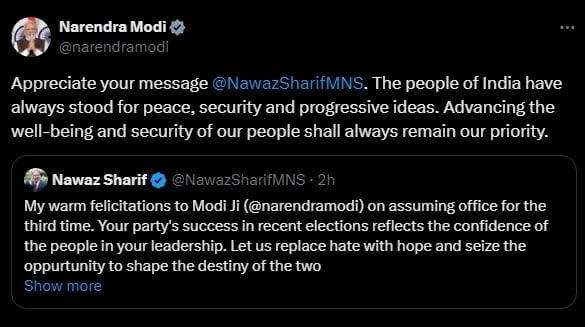 Screengrab of Indian PM Modis response to former premier Nawaz Sharif. — X