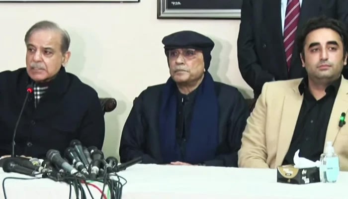 (Left to right) PML-N President Shehbaz Shehbaz, PPP Co-chairman Asif Ali Zardari, and PPP Chairman Bilawal Bhutto-Zardari during a press conference in Islamabad, on February 21, 2024, in this still taken from a video. — Geo News