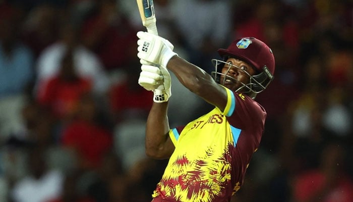 West Indies batter Sherfane Rutherford seen hitting a shot agaisnt New Zealand on Jun 13, 2024.— X@ESPNCricinfo