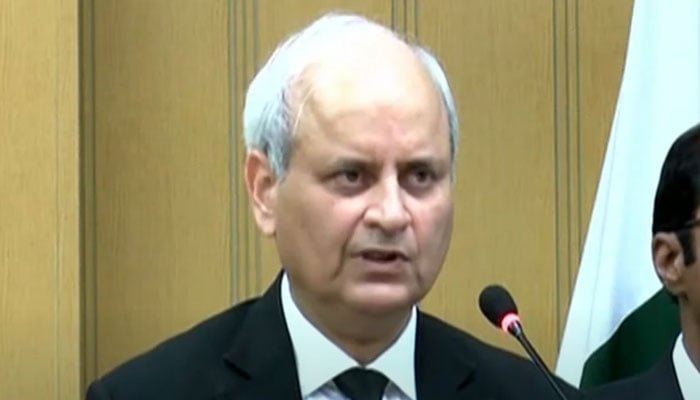 Lahore High Court (LHC) Chief Justice Malik Shehzad Ahmed Khan addressing the opening ceremony of judicial complex e-courts in Rawalpindi on June 14, 2024. — YouTube screengrab/Geo News Live