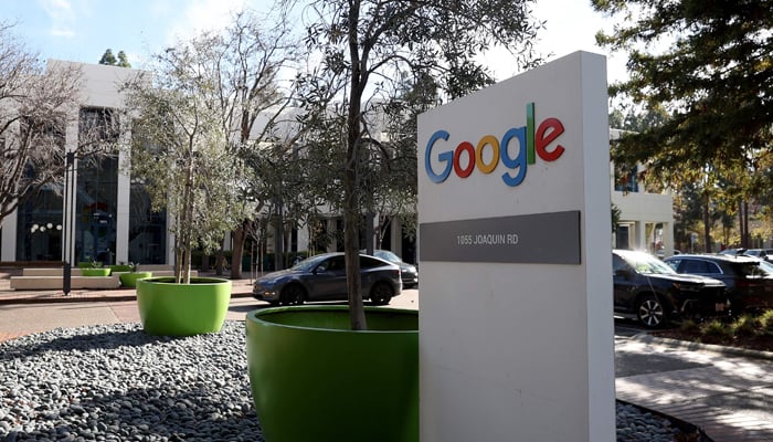 A sign is posted in front of a Google office on January 30, 2024, in Mountain View, California. — AFP