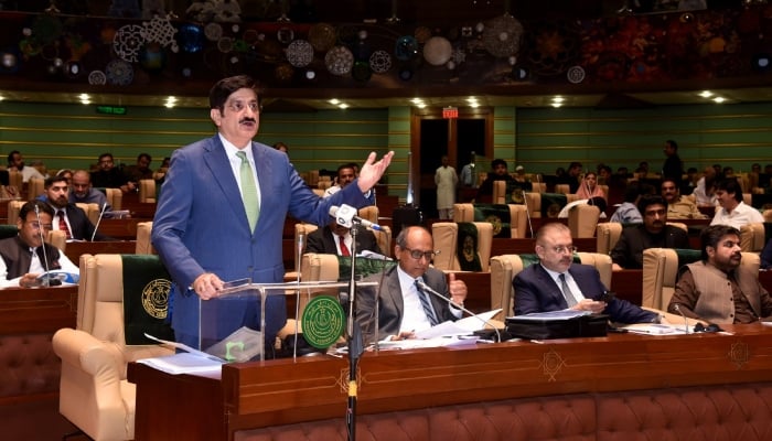 Sindh Chief Minister Syed Murad Ali Shah delivers bdget speech in the Sindh Assembly on June 14, 2024. — PID