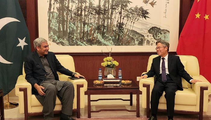 Interior Minister Mohsin Naqvi (left) in a meeting with Chinese Ambassador Jiang Zedong at Chinese Embassy in the Islamabad on June 16, 2024. — PID