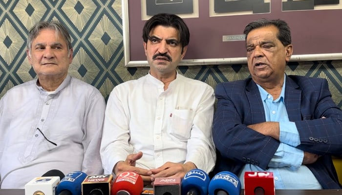 PTI’s lawmaker Sher Afzal Marwat (centre) is addressing the media in this image released on June 17, 2024. — Reporter