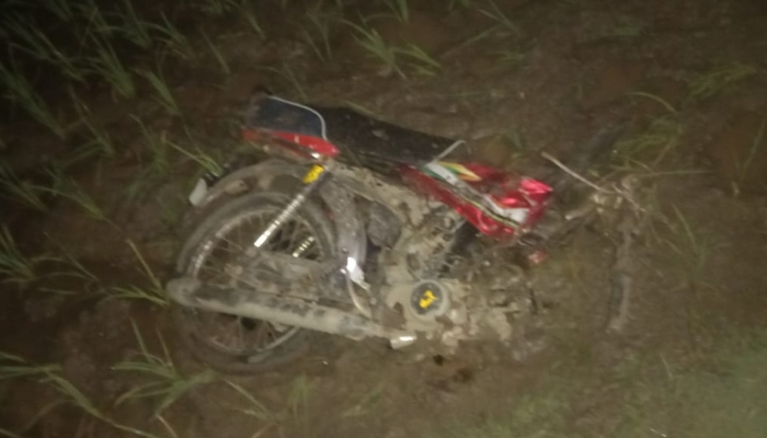 The motorcycle involved in the accident can be seen damaged at the accident site in Lahore on June 18, 2024. —Reporter