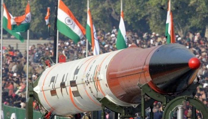 An Indian nuclear warhead pictured at a arms display parade. — AFP/File