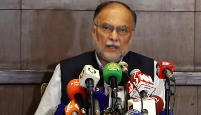 Federal Minister for planning Ahsan Iqbal addresses a press conference in Lahore on Wednesday. — Screengrab