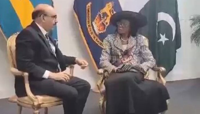 Pakistans Non-Resident High Commissioner-Designate to Bahamas Ambassador Masood Khan (left) meets Governor General of the Commonwealth of Bahamas Cynthia A Pratt in this still taken from a video released on June 19, 2024. — Supplied